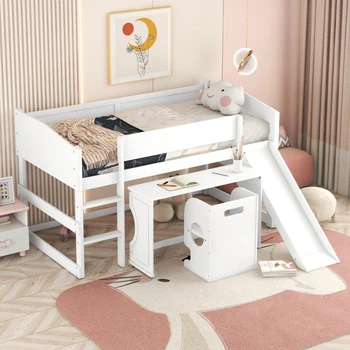 Симпатичная низкая кровать-чердак для кабинета с двумя односпальными кроватями на колесиках, переносной стол и стул, многофункциональная кровать, белая, Удобная для детской спальни