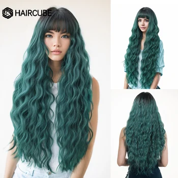 Синтетические парики с длинной зеленой волной, парики из натуральных высокотемпературных волокон для женщин, косплей-вечеринка, натуральные парики с челкой