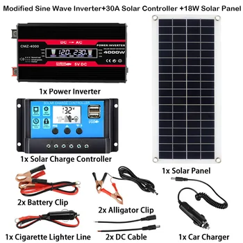 Солнечная энергетическая система 110 В/220 В, 18 Вт, 18 В, солнечная панель + контроллер заряда 30 А + комплект для выработки электроэнергии с модифицированным синусоидальным инвертором мощностью 4000 Вт