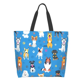 Сумка для покупок с забавными милыми собаками, многоразовая сумка с мультяшной собакой, Синяя сумка через плечо, повседневная легкая сумка большой емкости