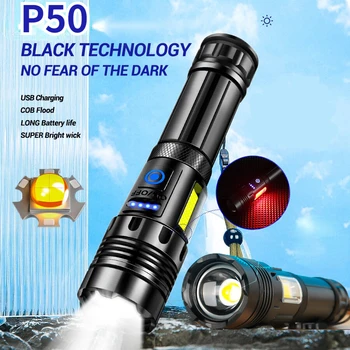 Супер Яркий XHP50 Мощный Светодиодный Фонарик Power Bank Torch Light USB Перезаряжаемый Походный Тактический Фонарик с COB Лампой