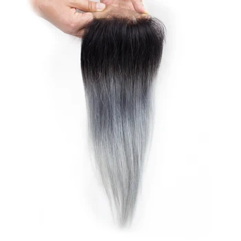 Темно-серый с черными корнями Прямой цвет Омбре 4x4 13x4 Застежка из человеческих волос Фронтальная Remy Бразильская Предварительно окрашенная застежка для волос