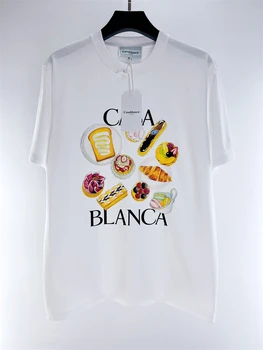 Толстая винтажная белая футболка Casablanca из высококачественного чистого хлопка для мужчин и женщин, повседневные футболки с принтом продуктов питания высокого качества 1: 1
