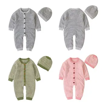 Трикотажная одежда для новорожденных, хлопковый осенне-зимний комбинезон с клетчатой шляпой, комплект одежды для малышей, комбинезон для девочек и мальчиков