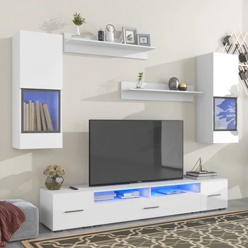 Удлиненный Набор Плавающих Подставок для телевизора в минималистичном стиле из 7 Предметов, Глянцевый Настенный развлекательный Центр с 16-цветной светодиодной подсветкой
