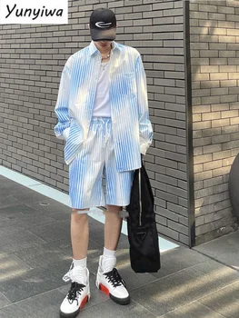Уличные костюмы-рубашки, мужская Корейская городская блузка с длинным рукавом в градиентную полоску + Повседневные шорты, Летняя атмосфера панка, 2 шт. Комплект