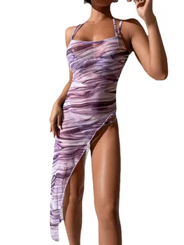 Фиолетовый купальник из 3 частей с принтом, Солнцезащитный чехол с длинным рукавом, Женские бикини с высокой талией