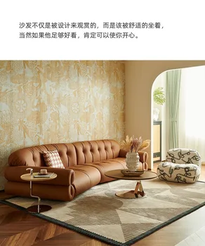 Французский ретро легкий роскошный кожаный диван с тремя средними черными прямыми линиями головного слоя из воловьей кожи диван