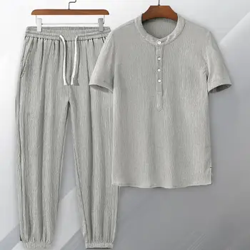 Футболка-брюки, популярный мужской вырез на пуговицах, брюки свободного кроя с завязками на щиколотках, футболка для отпуска, топ, брюки, футболка, брюки