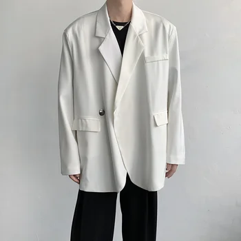 Черно-белый блейзер с наплечником, Мужская модная Светская Мужская куртка, Корейский Свободный Повседневный пиджак, Мужской Офисный Формальный блейзер