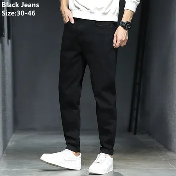 Чистые черные джинсы-шаровары, мужские Большие размеры 46 44, толстые Модные джинсовые брюки-карандаш, осенне-весенние Свободные эластичные брюки для мальчиков и подростков